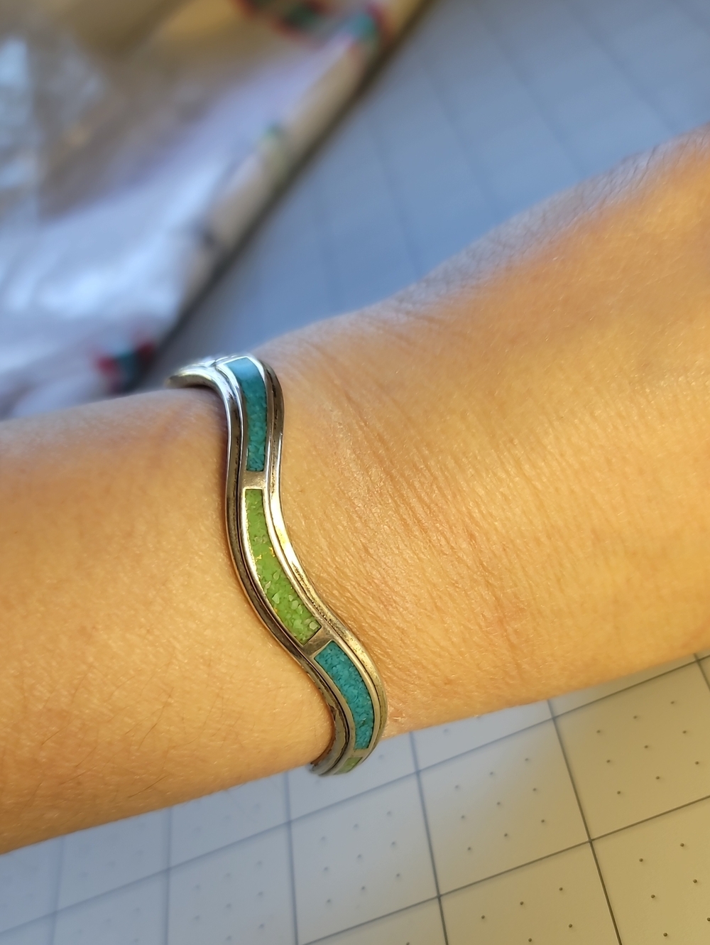 Vintage Black Hills Sterling Wave Cuff with Turquoise Inlay